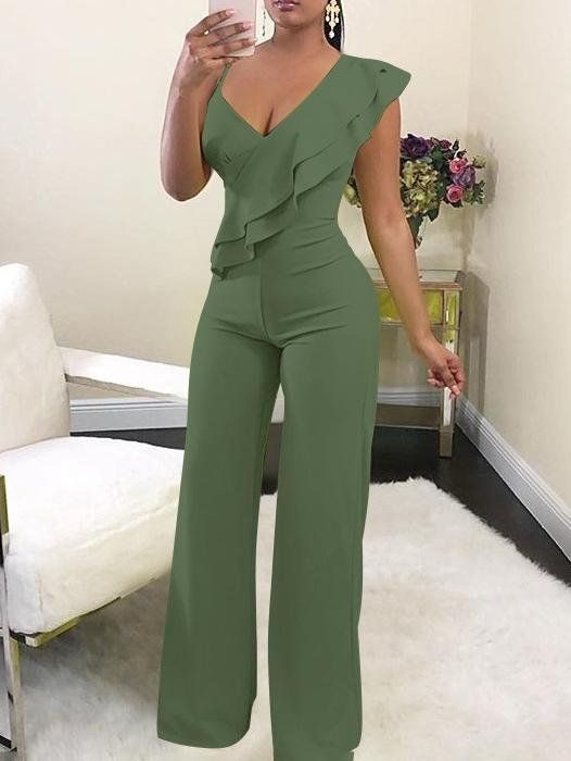 Koscy Chic Green V-Neck Slim Fit Daily Jump Suit With Ruffles