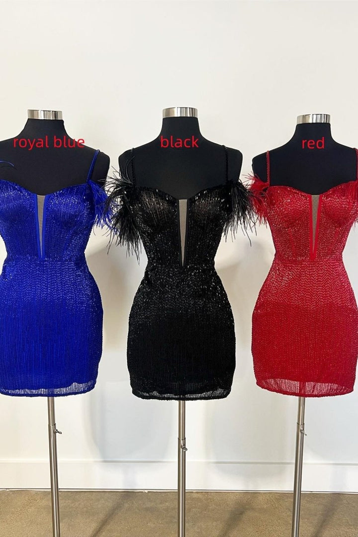 Koscy Feather Sleeve Beaded Short Homecoming Dress