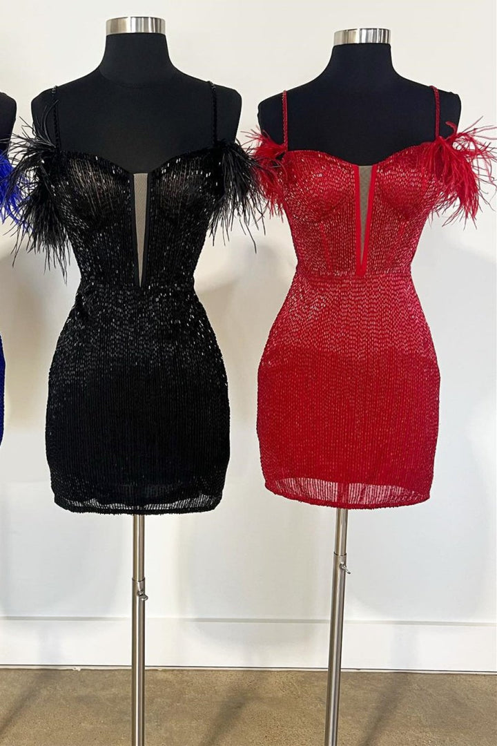 Koscy Feather Sleeve Beaded Short Homecoming Dress