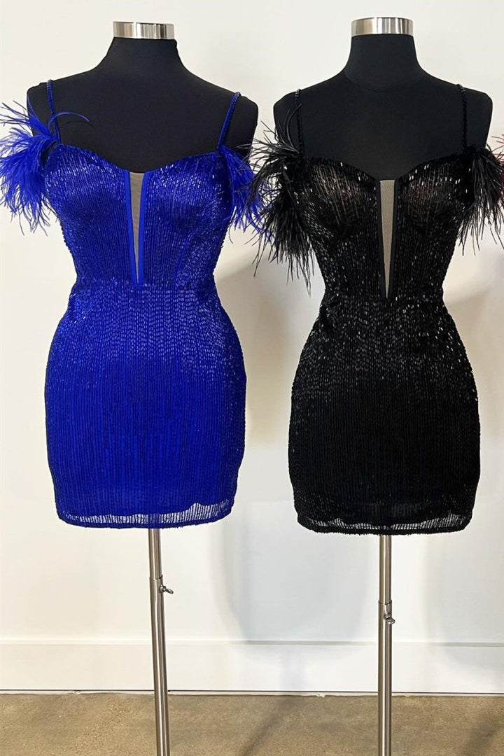 Koscy Feather Sleeve Beaded Short Homecoming Dress