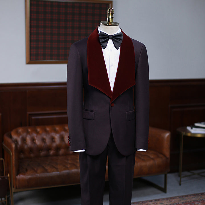 Koscy Alexander Burgundy Two-Piece Wedding Suit with Velvet Lapel