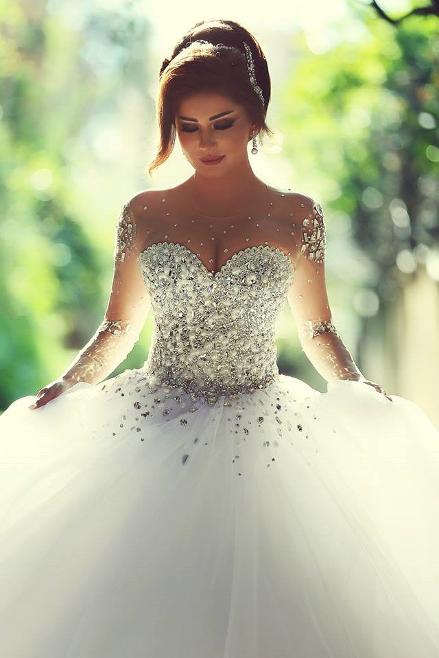 Bmbride Ball Gown Wedding Dress with Long Sleeves Crystals and Beading