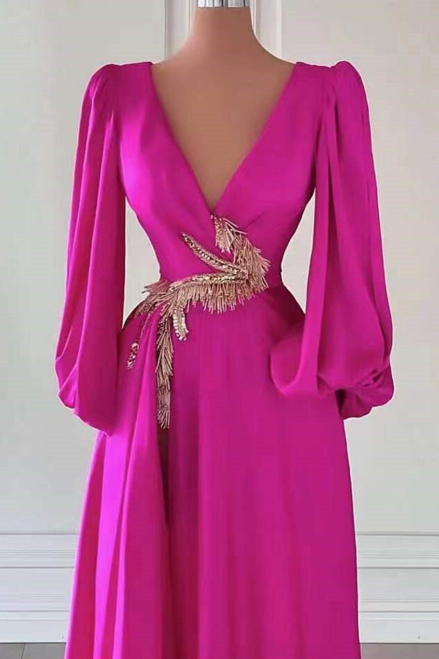 Elegant Fuchsia Long Sleeve A-Line V-Neck Prom Dress with Embellishments