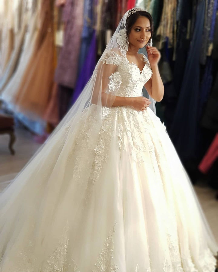 Bmbride Gorgeous Long Princess Off-the-Shoulder Lace Wedding Gowns