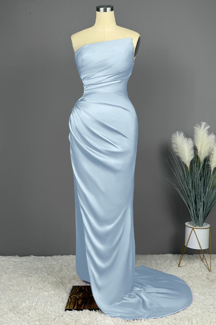 Okdais Prom Dress - Blue Sleeveless Charmeuse with High Slit Pleated