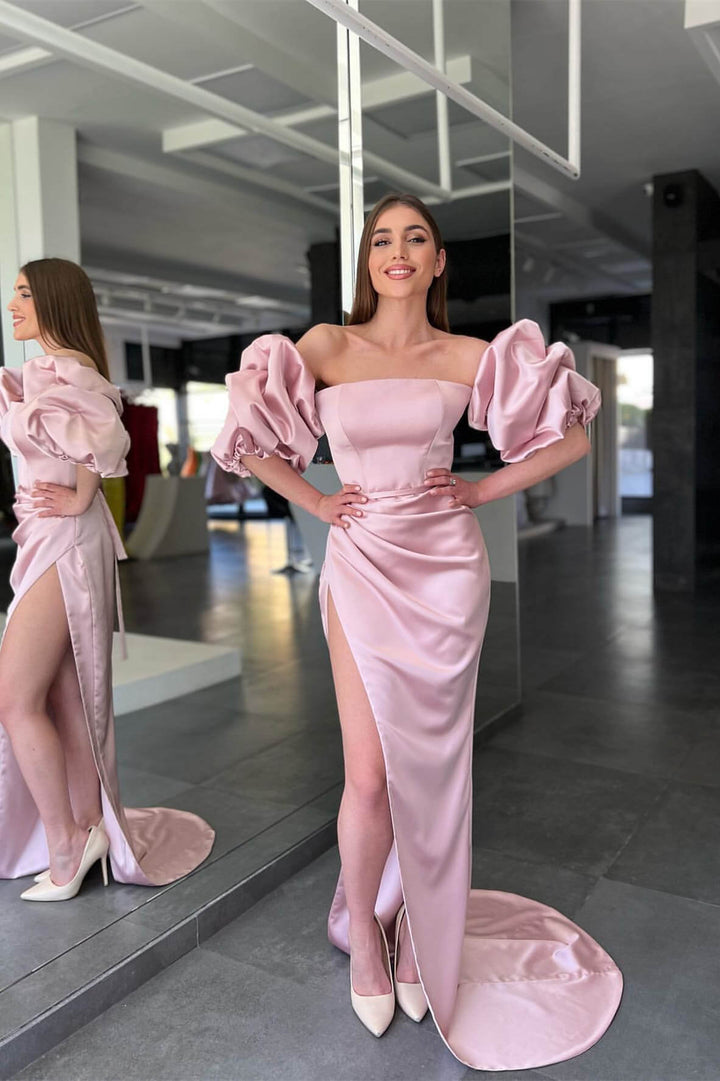 Strapless Pink Mermaid Prom Dress with Long Split and Detachable Sleeves