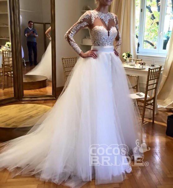 Bmbride White Tulle Crew Neck Sheer Long Sleeve Lace Wedding Dress