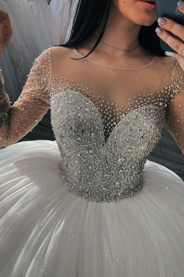 Bmbride Shimmery Crystal Beadings Long Sleeve Ball Gown Wedding Dress