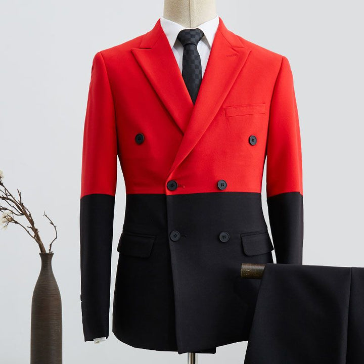 Koscy Glamorous Black and Red Stitching Double Breasted Suit for Men Gentle with Peaked Lapel