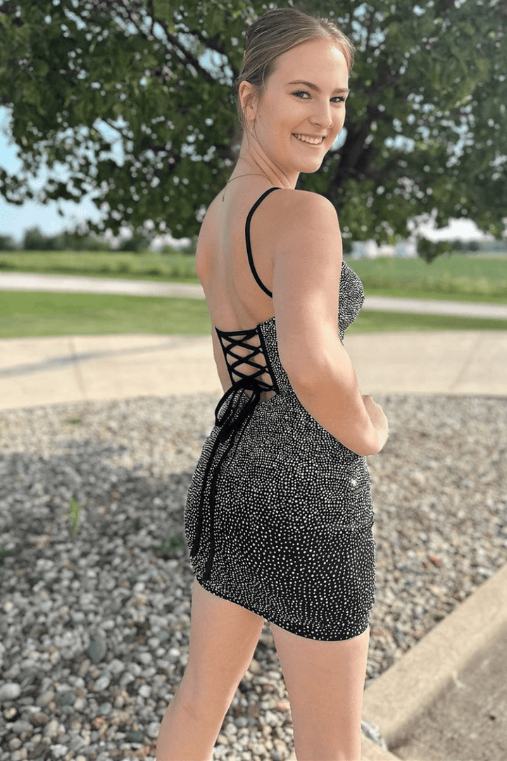 Koscy Bodycon V Neck Elastic Satin Short Homecoming Dresses with Beading