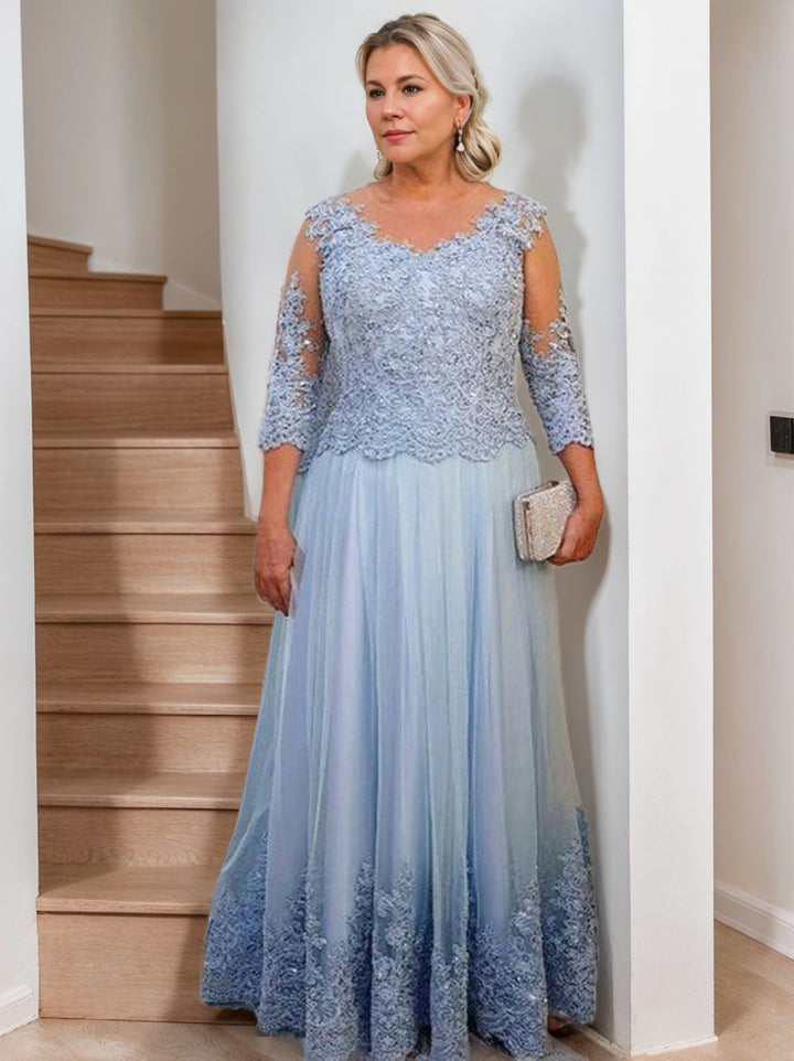 Floor-Length A-Line Mother of the Bride Dress with Sheer Neck and 3/4 Sleeves Floor-Length A-Line Mother of the Bride Dress with Sheer Neck and 3/4 Sleeves