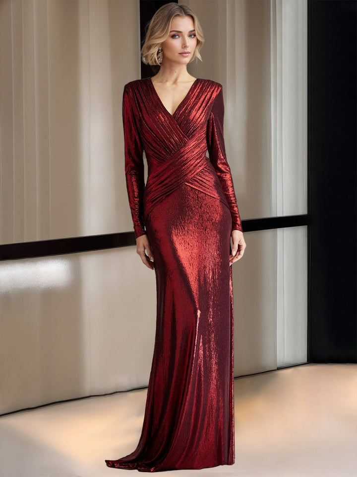 Floor-Length Deep V-Neck Sheath Dress with Crisscross Pleated Long Sleeves  for the Mother of