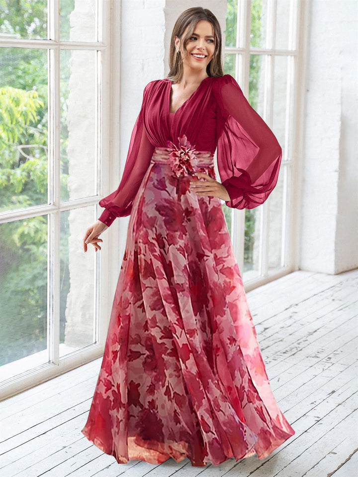 mother of the bride pink floral dress Floral Dusty Rose Ruched V-Neck Midi Mother of the Bride Dress with Sleeves