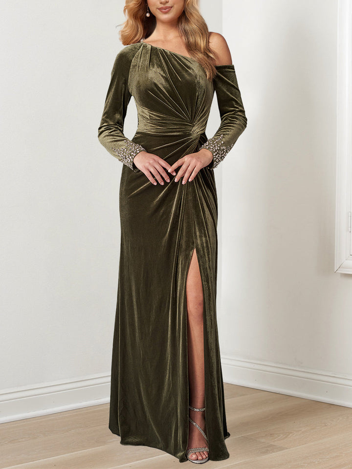 Floor-Length Mother of the Bride A-Line Dress with Beaded Cuffs and Asymmetrical Neckline Floor-Length Mother of the Bride A-Line Dress with Beaded Cuffs and Asymmetrical Neckline