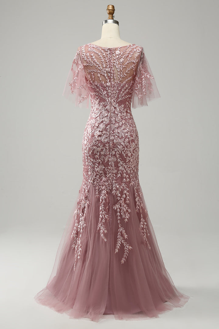 Floor-Length Mother of the Bride Lace Dresses with Trumpet/Mermaid Scoop Half  Sleeves
