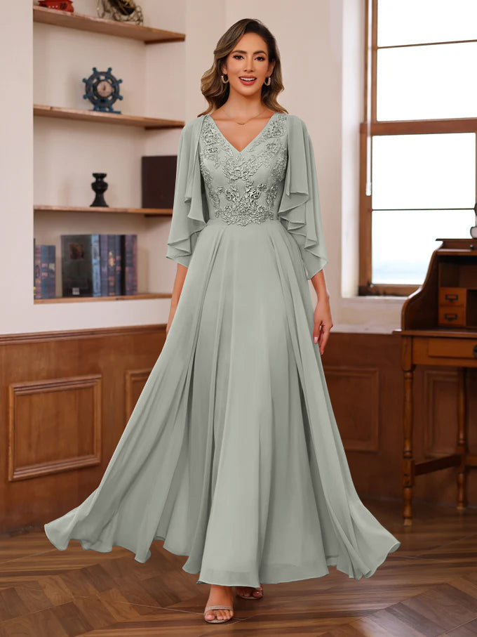 Floor-Length Princess V-Neck Mother of the Bride A-Line Dress with Appliques & Wrap in 2 Pics Floor-Length Princess V-Neck Mother of the Bride A-Line Dress with Appliques & Wrap in 2 Pics