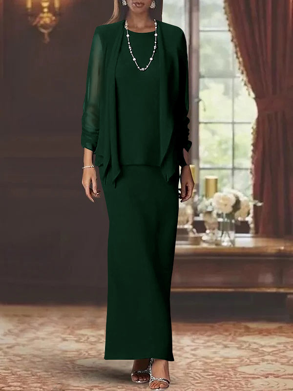 Floor-Length Scoop Neck Sheath Dress with Long Sleeves and Jacket for the  Mother of the