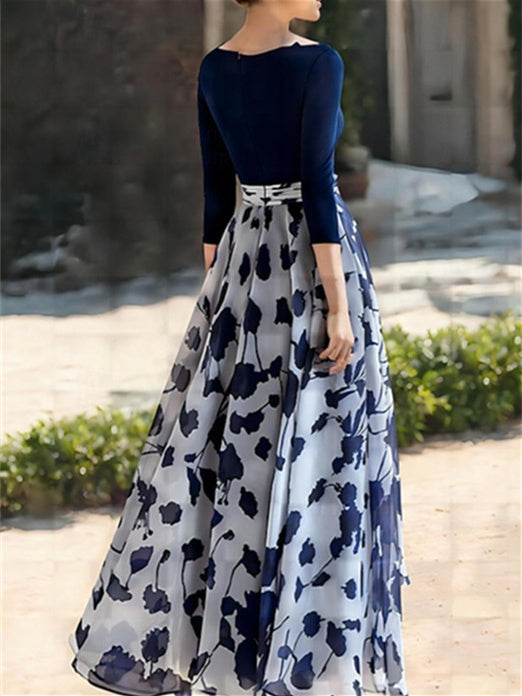 Floral Mother of the Bride Dress with V Neck and 3/4 Sleeves in A-Line/ Floral Mother of the Bride Dress with V Neck and 3/4 Sleeves in A-Line/