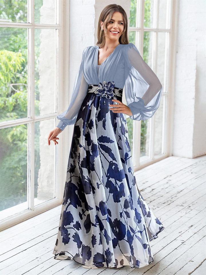 Floral Plus Size Mother of the Bride Dress with V-Neck and Long Sleeves