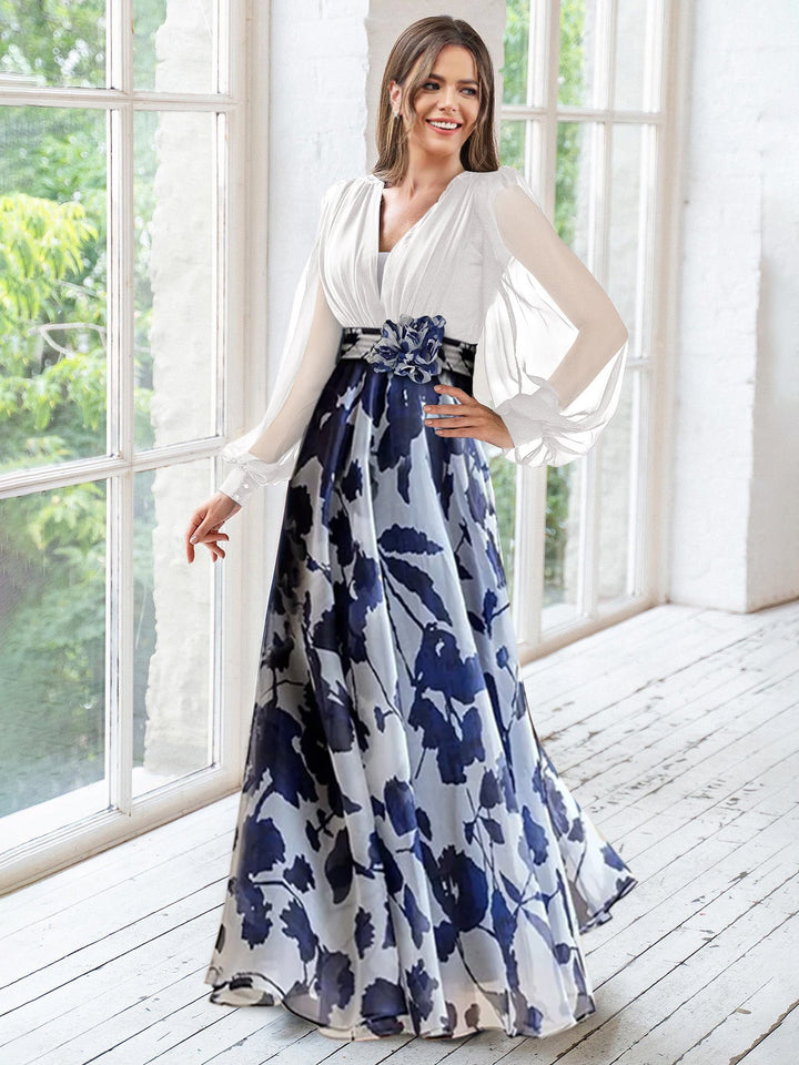 long sleeve floral maxi dress plus size Floral Plus Size Mother of the Bride Dress with V-Neck and Long Sleeves
