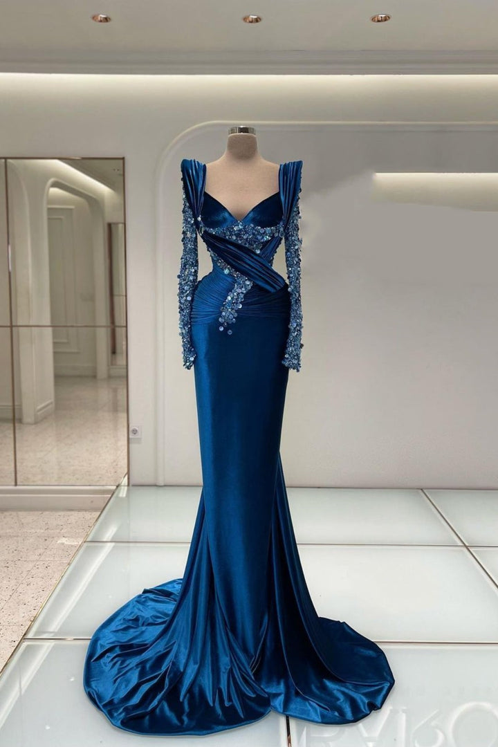 royal blue long sleeve bridesmaid dresses Formal Dress Royal Blue Long Sleeves Mermaid Charmeuse Beading