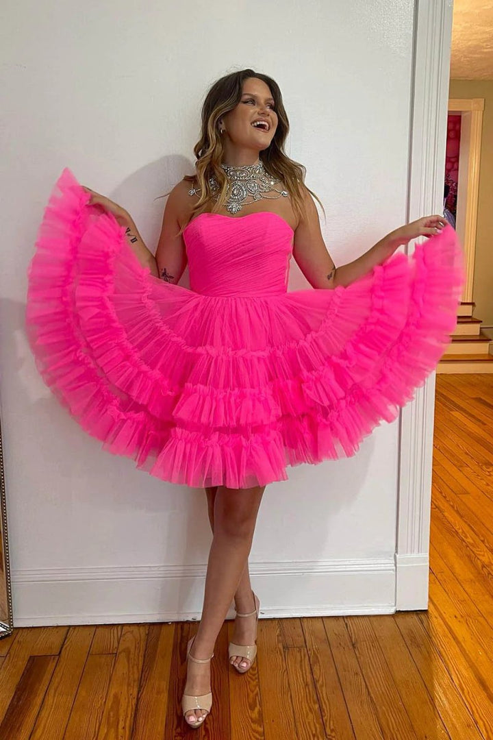 Koscy Fuchsia A-Line Sweetheart Tulle Tiered Corset Short Homecoming Dress