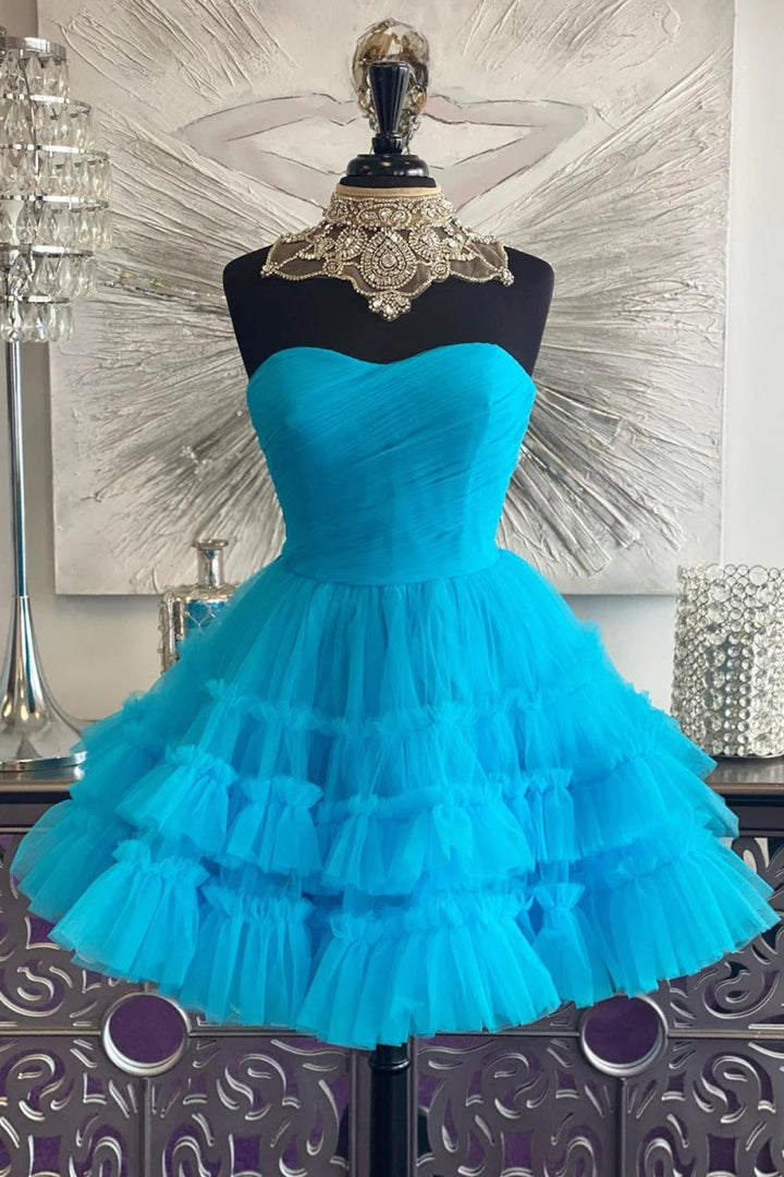 Koscy Fuchsia A-Line Sweetheart Tulle Tiered Corset Short Homecoming Dress