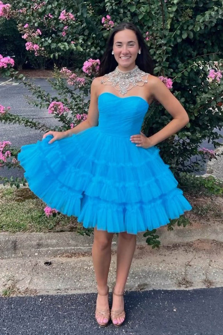 Koscy Fuchsia A-Line Sweetheart Tulle Tiered Corset Short Homecoming Dress