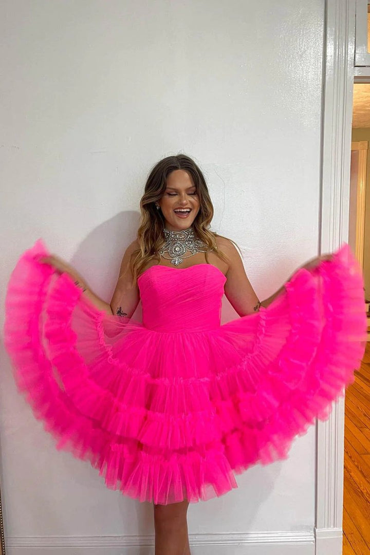 Koscy Fuchsia A-Line Sweetheart Tulle Tiered Corset Short Homecoming Dress