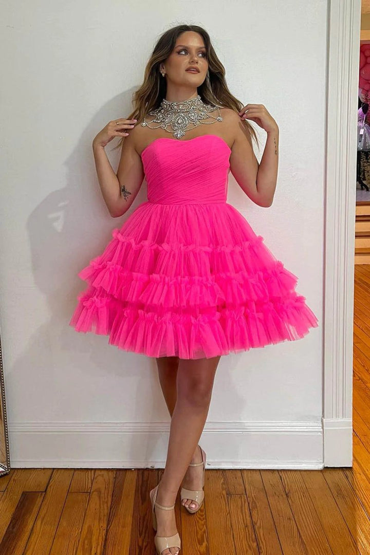 Koscy Fuchsia A-Line Sweetheart Tulle Tiered Corset Short Homecoming Dress