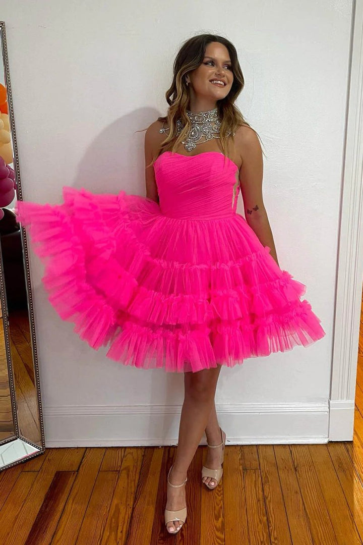 Koscy Fuchsia A-Line Sweetheart Tulle Tiered Corset Short Homecoming Dress