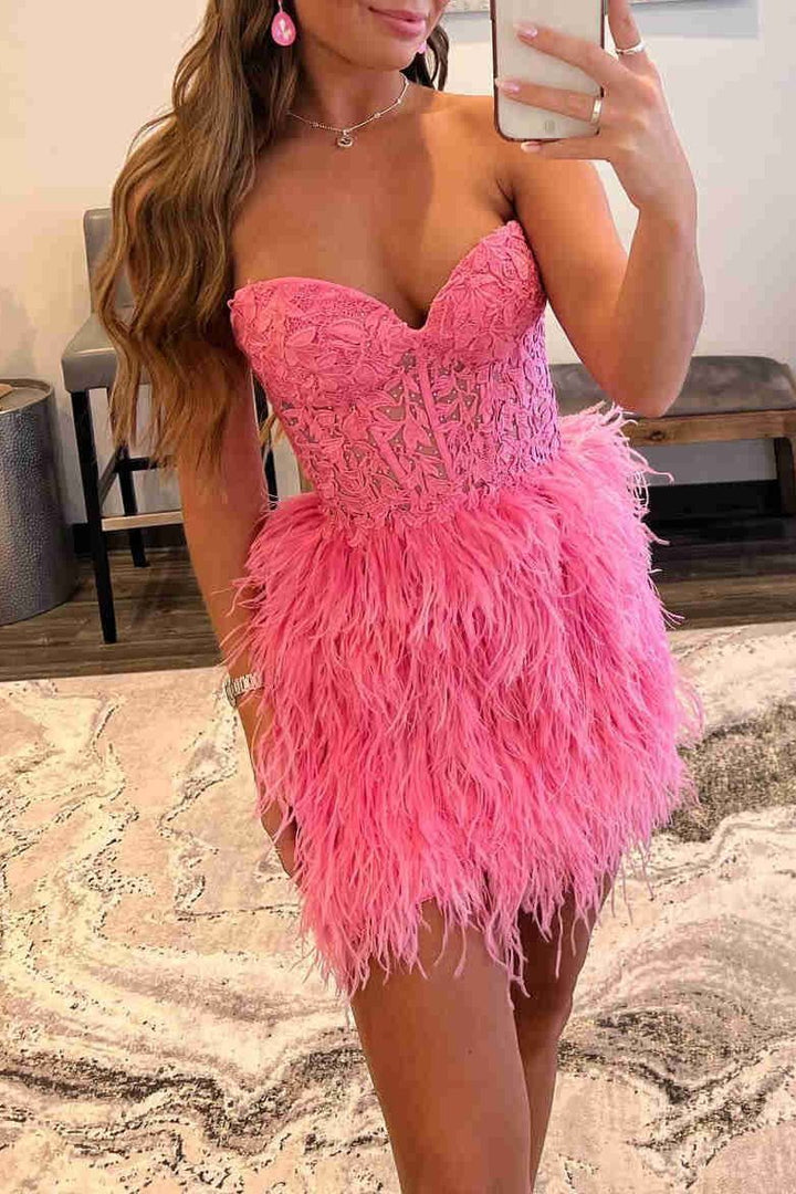 Koscy Sheath Sweetheart Lace Feather Skirt Homecoming Dress