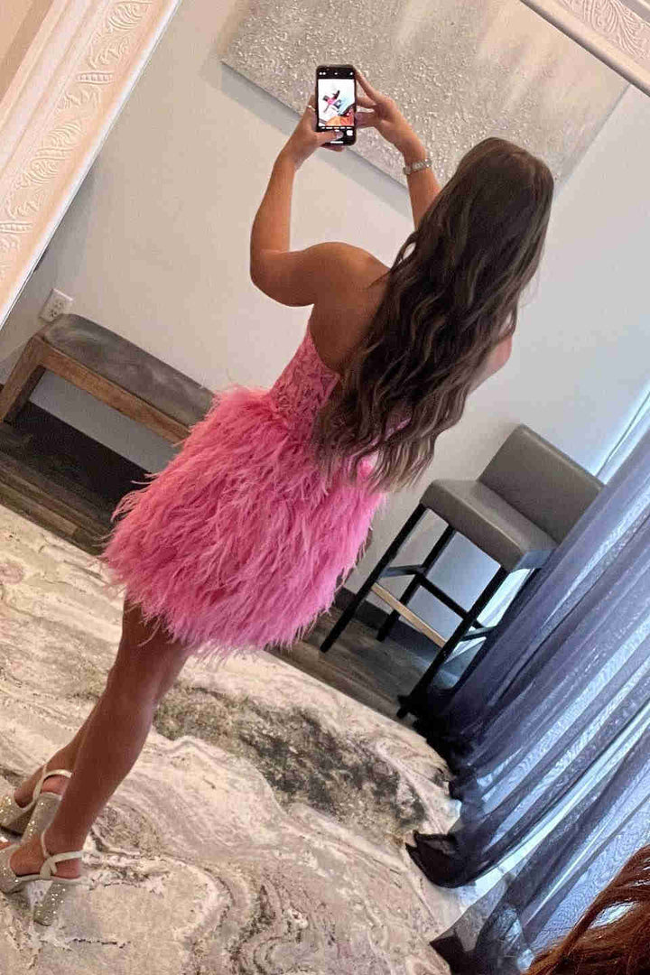 Koscy Sheath Sweetheart Lace Feather Skirt Homecoming Dress