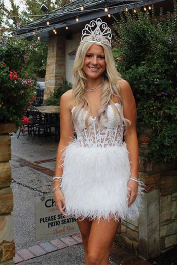 Koscy Sheath Sweetheart Lace Feather Skirt Homecoming Dress