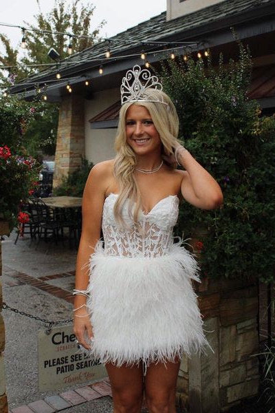 Koscy Sheath Sweetheart Lace Feather Skirt Homecoming Dress