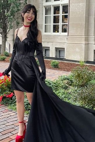 Koscy Sheath Spaghetti Straps Homecoming Dress with Side Train