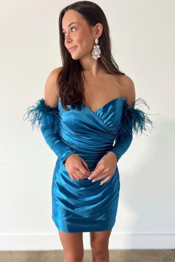 Koscy Sheath Satin Strapless Homecoming Dress with Long Sleeves