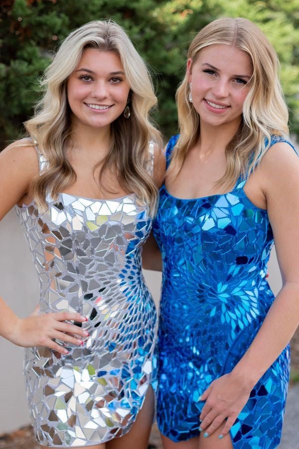 Koscy Square Neck Silver Cut Mirror Sequin Bodycon Homecoming Dress