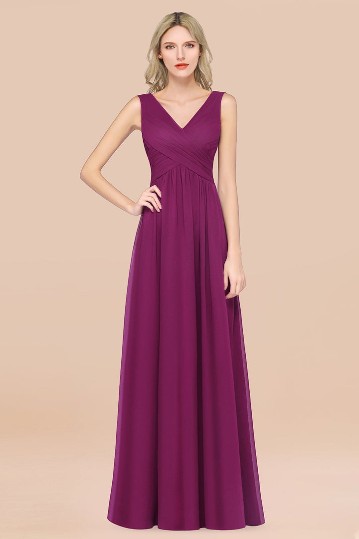 Glamorous Chiffon V-Neck Sleeveless Burgundy Bridesmaid Dresses with Draped Back