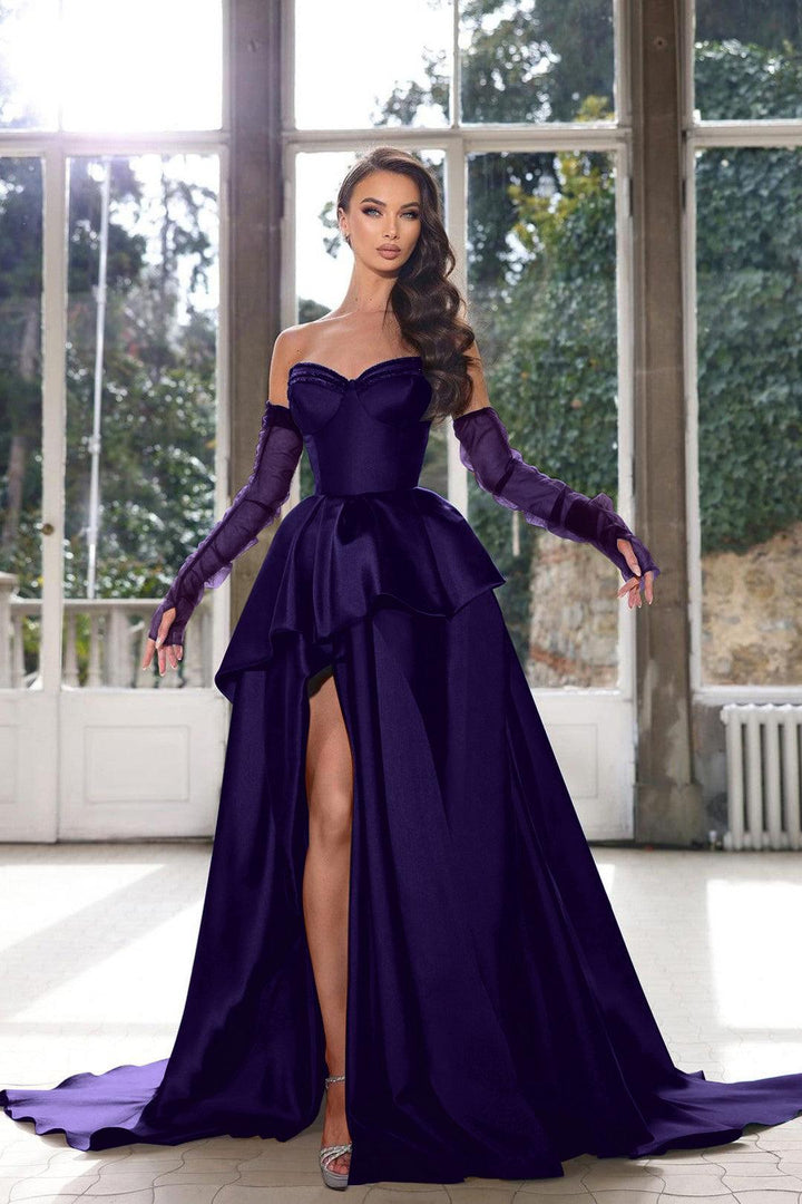 ink blue formal dress Rhinestones Illusion Neck Blue Shimmer Trumpet Prom Dress
