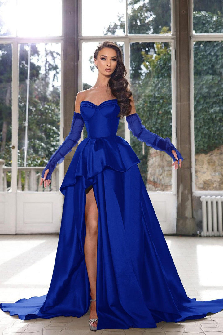 Glamorous Half Sleeves Ink Blue Formal Dress Strapless With High Split Gown