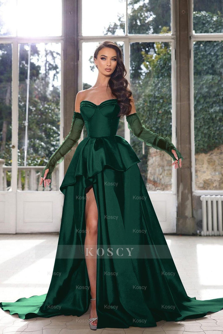 Glamorous Half Sleeves Ink Blue Formal Dress Strapless With High Split Gown Glamorous Half Sleeves Ink Blue Formal Dress Strapless With High Split Gown