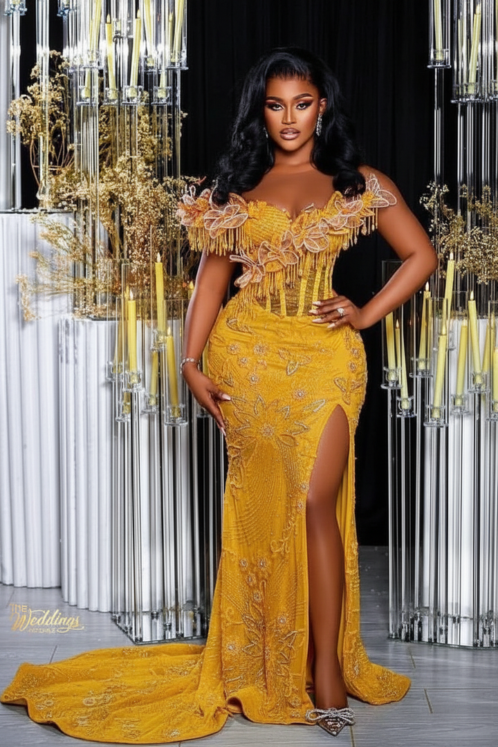 glitter orange dress Glamorous Long Mermaid Off-the-shoulder Lace Prom Evening with Slit robe de soirée