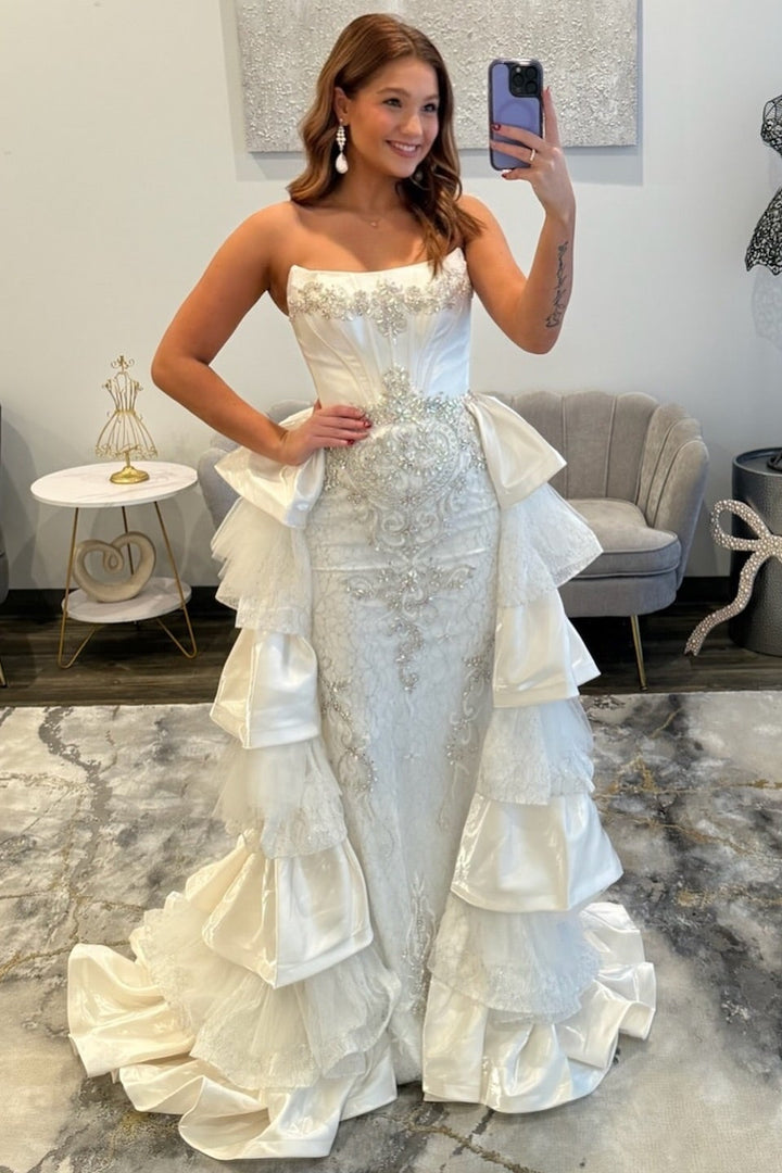 Glamorous Long White Strapless Lace Prom Dress with Detachable Train