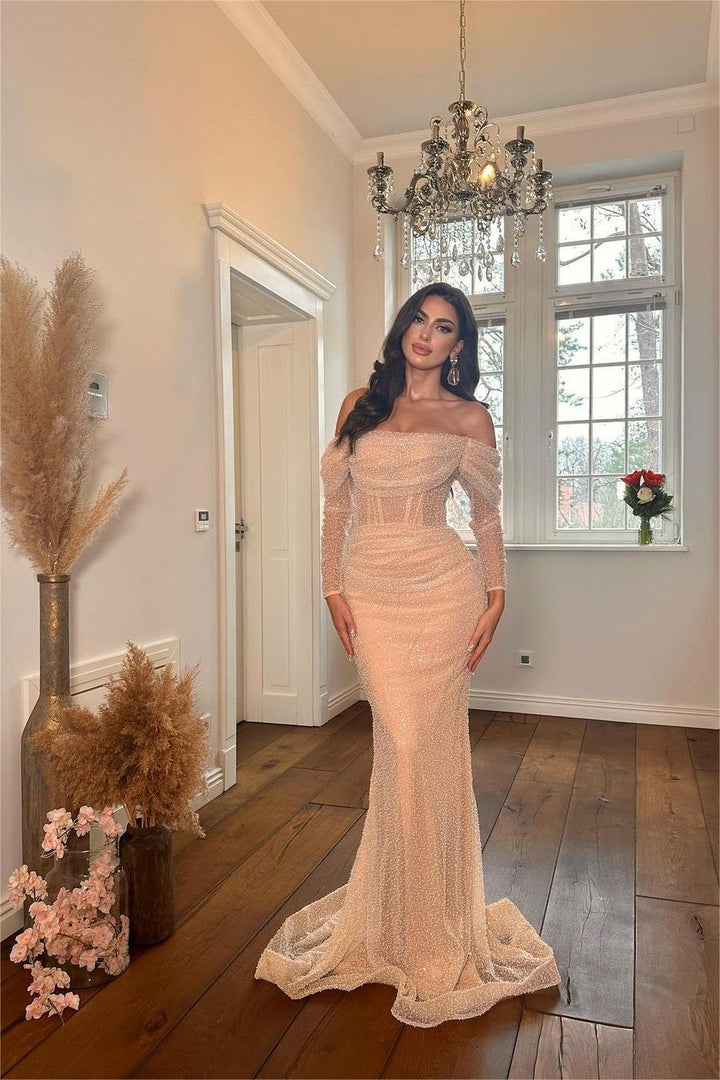glamorous off shoulder dress Glamorous Off the Shoulder Long Sleeves Pleated Mermaid Formal Dress With  Beadings
