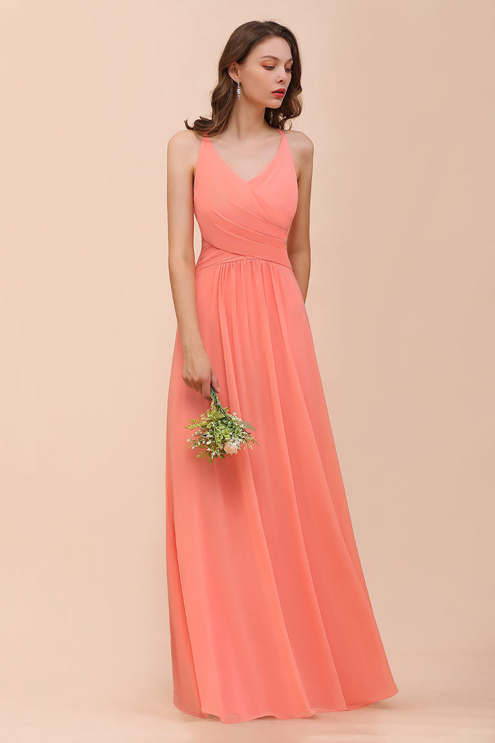 affordable chiffon bridesmaid dresses Simple V-neck Ruffled Sleeves Plus Size Chiffon Bridesmaid Dress
