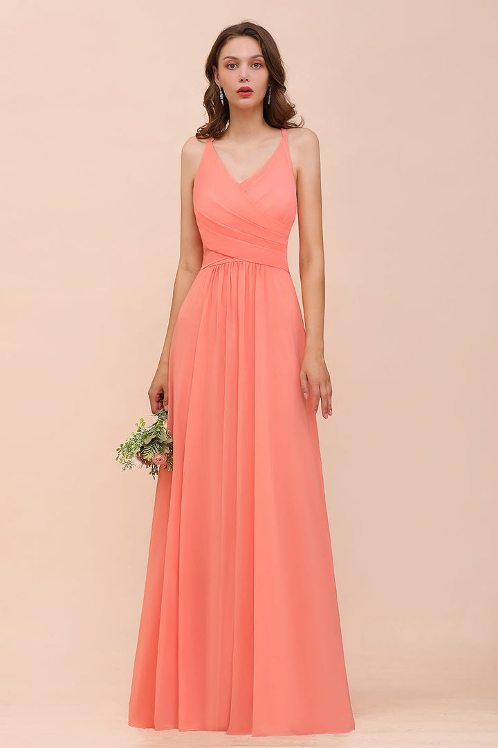 affordable coral bridesmaid dresses Glamorous V-Neck Chiffon with Ruffle dark coral bridesmaid dresses