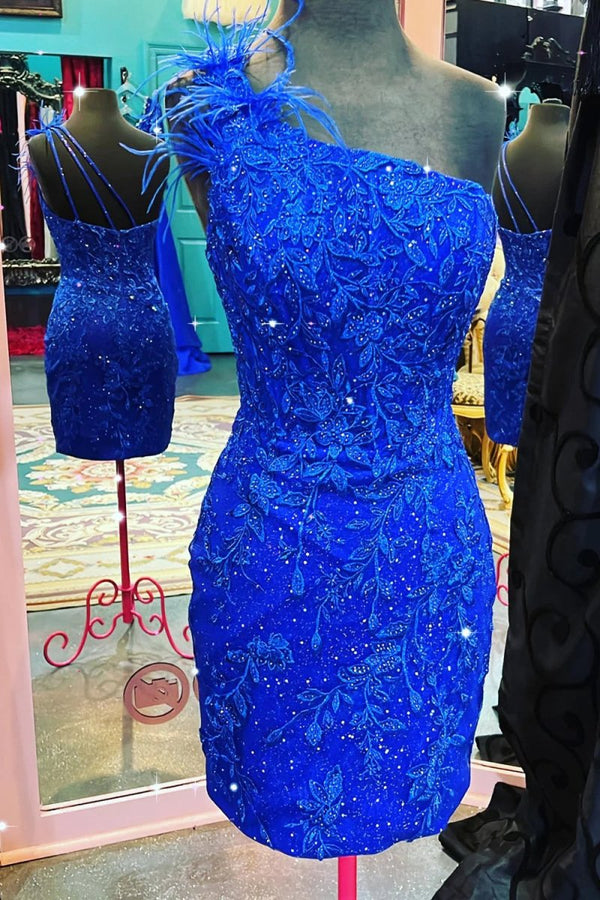 Koscy Glitter Royal Blue One Shoulder Lace Short Homecoming Dresses with Feather