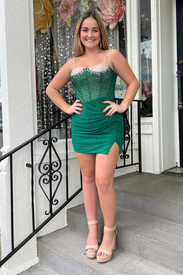 Glitter Royal Blue Spaghetti Straps Bodycon Corset Short Homecoming Dress  with Beading