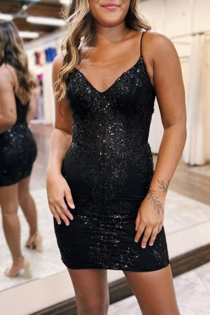 Koscy Glitter Sparkly Bodycon Zipper Back Spaghetti Straps Short Homecoming Dress